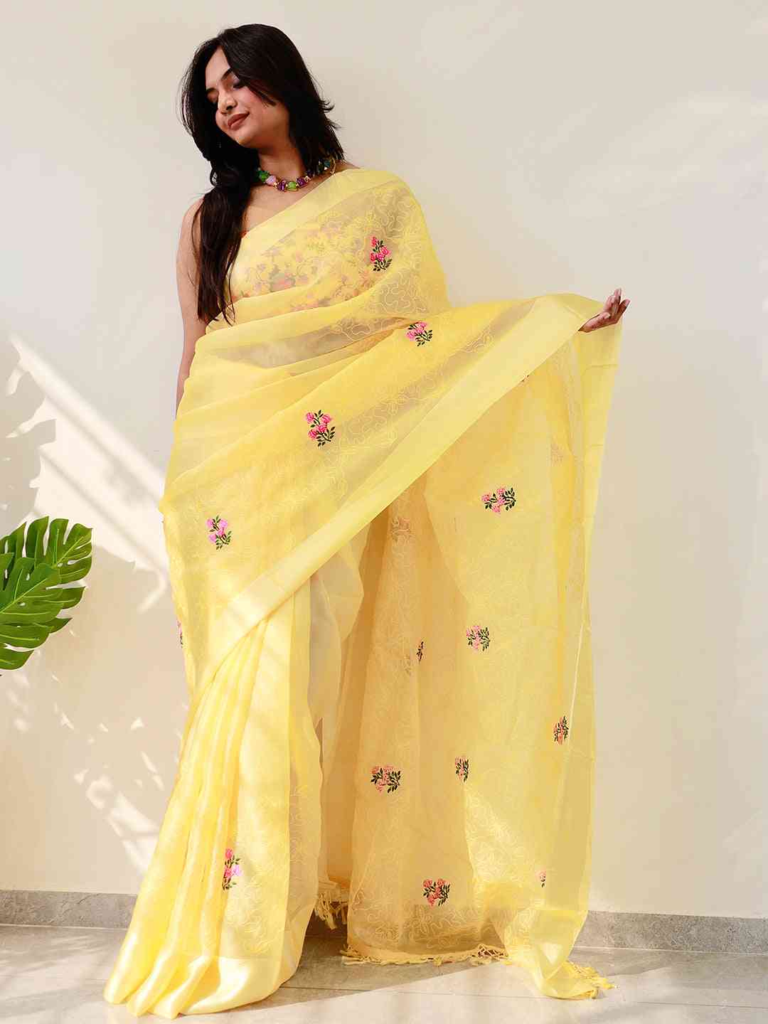 Soft Chiffon Satin Saree With Flower Embroidered Work by My Store