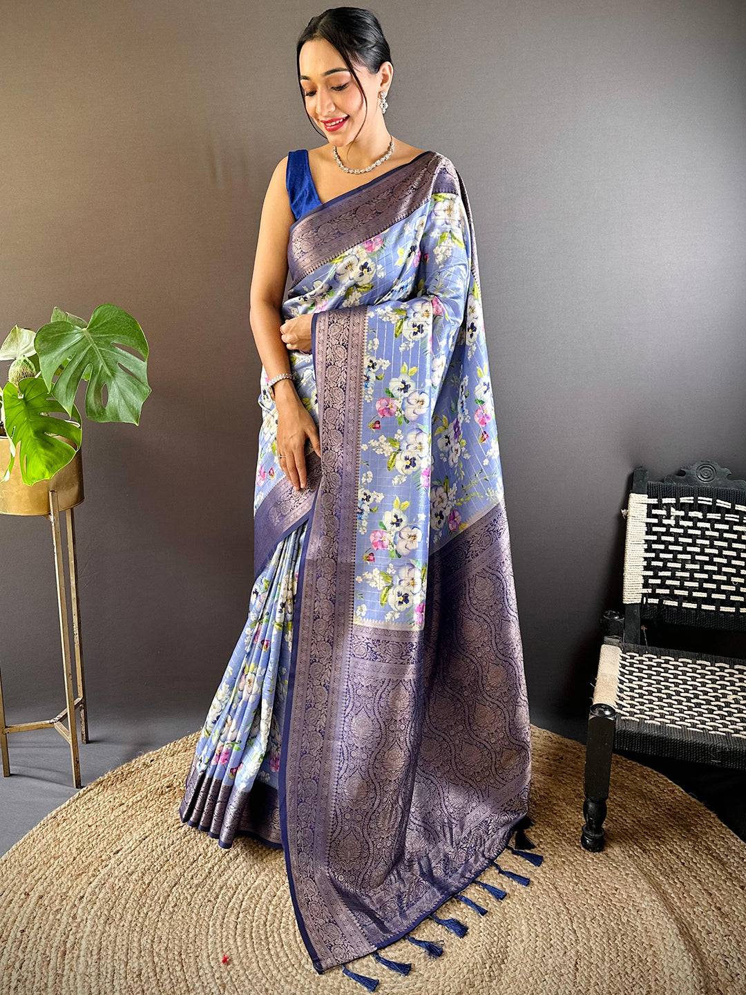 Serene Steel Blue Floral Elegance Saree by My Store
