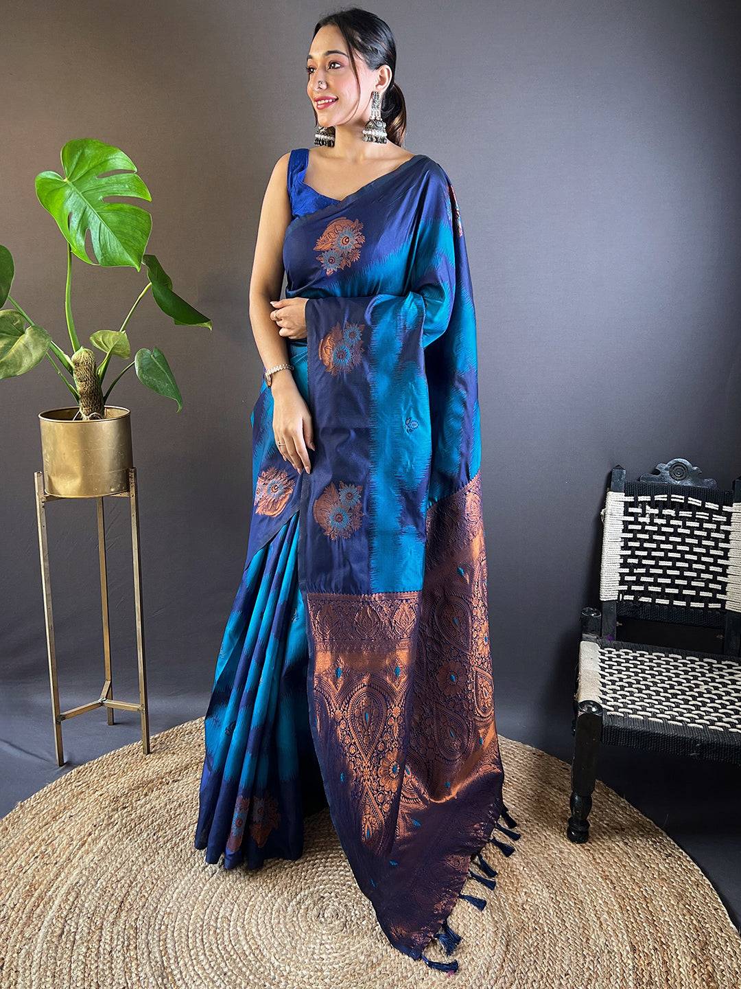 Dark Blue Tussar Silk Ikkat Weaving Saree by My Store