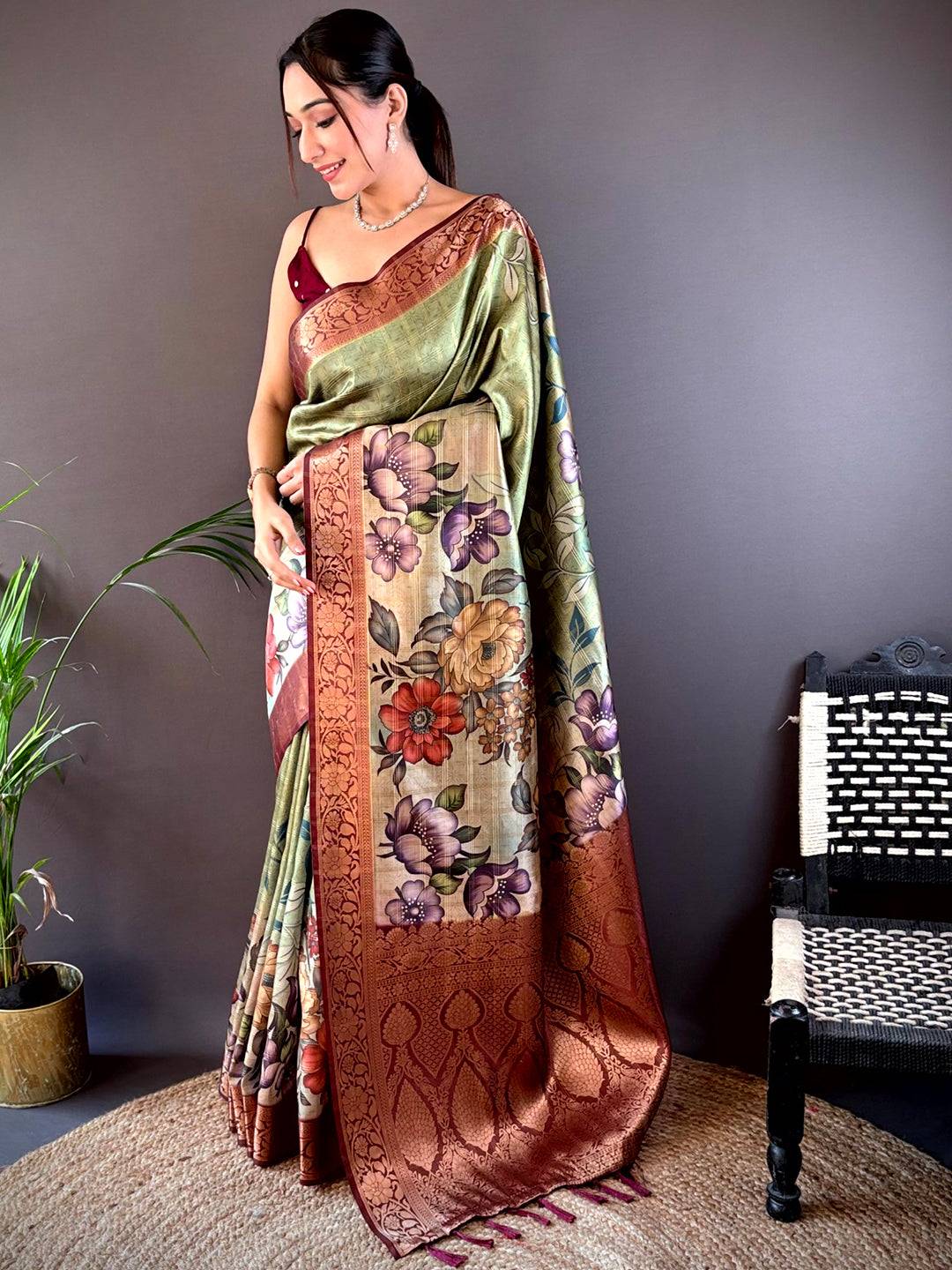 Olive Ombre Floral Digital Print Saree by My Store