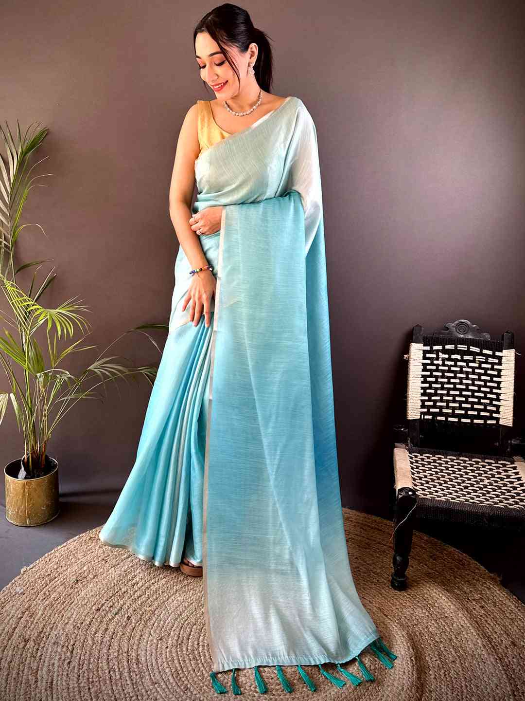 Sky Blue Ombre Chanderi Tissue Saree by My Store