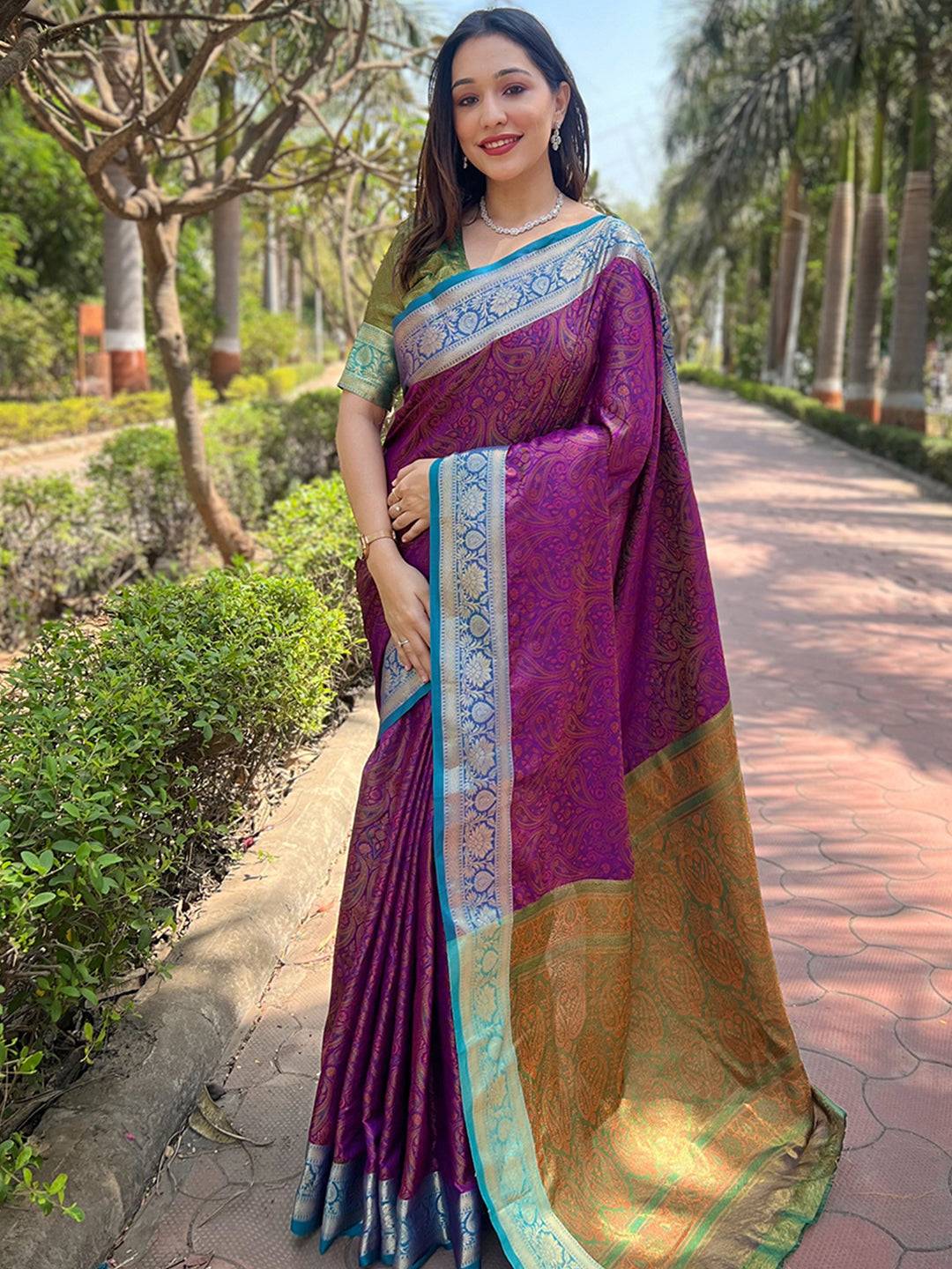 Purple Paisley Silk Saree by My Store