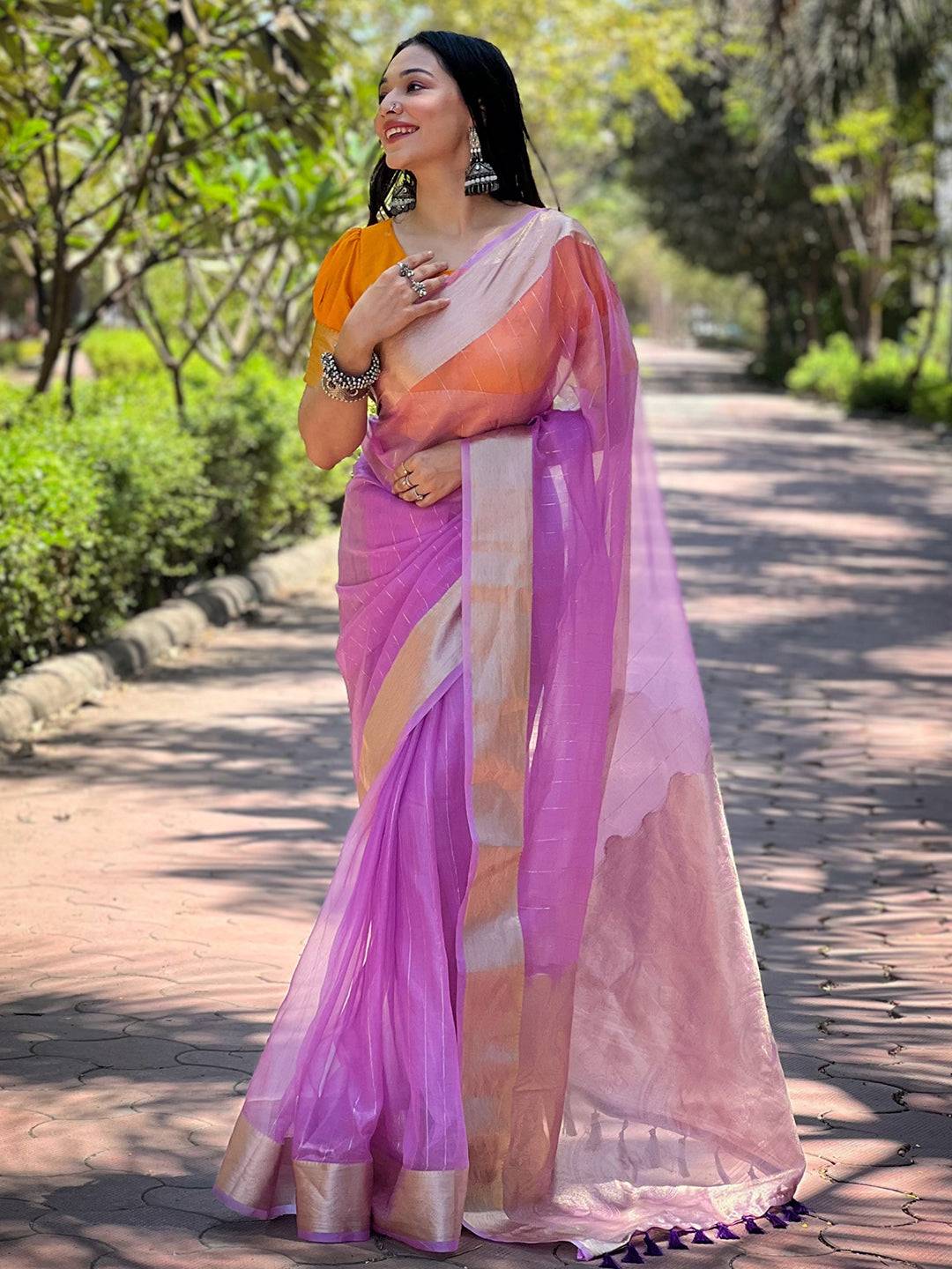Purple Pure Viscose Organza Saree With Fine Gold Zari Weaving Border by My Store