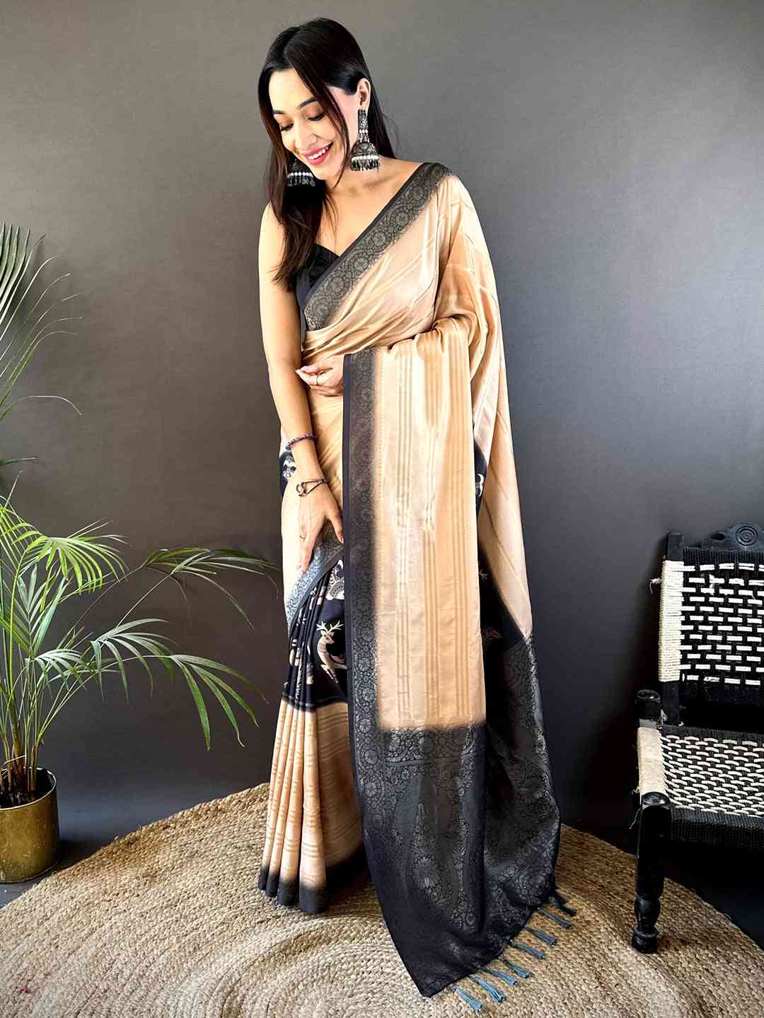 Beige Crepe Silk Floral Saree