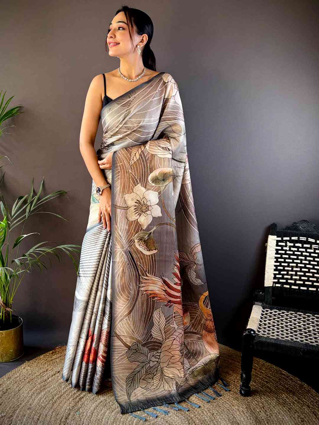 Grey Semi Zari Tussar Botanical Saree by My Store