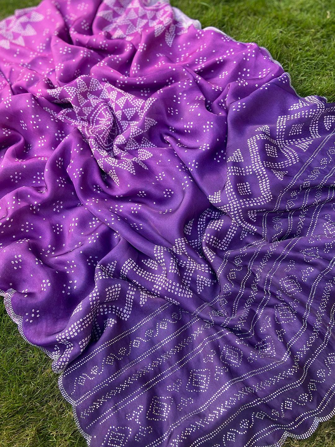 Purple Georgette Silk Saree with Ombre Bandhej Print & Swaroski Stone Work by My Store