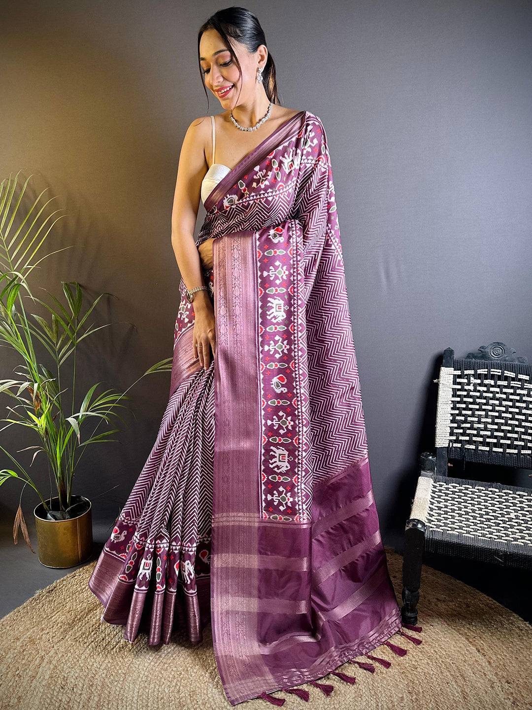 Dark Burgundy Zig Zag Kalamkari Kanchi Silk Saree by My Store