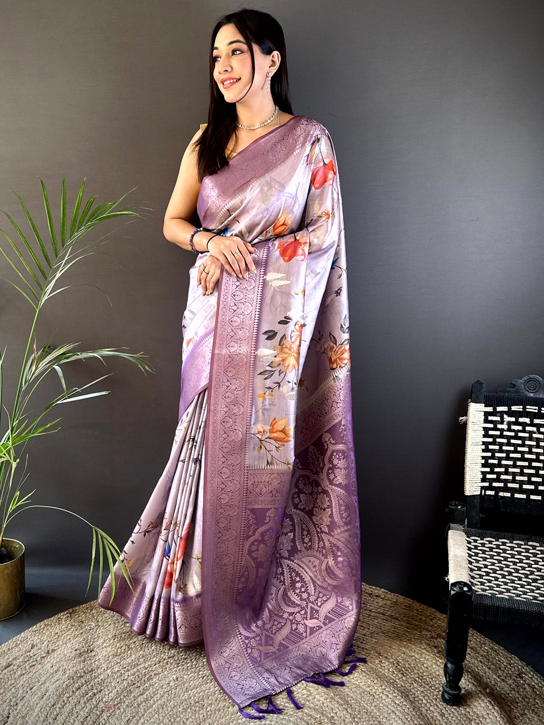 Lavender Bamboo Silk Floral Saree by My Store