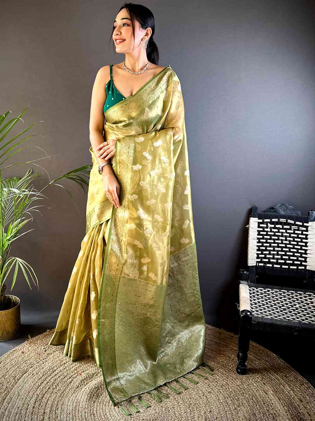 Graceful Olive Kora Tissue Saree by My Store