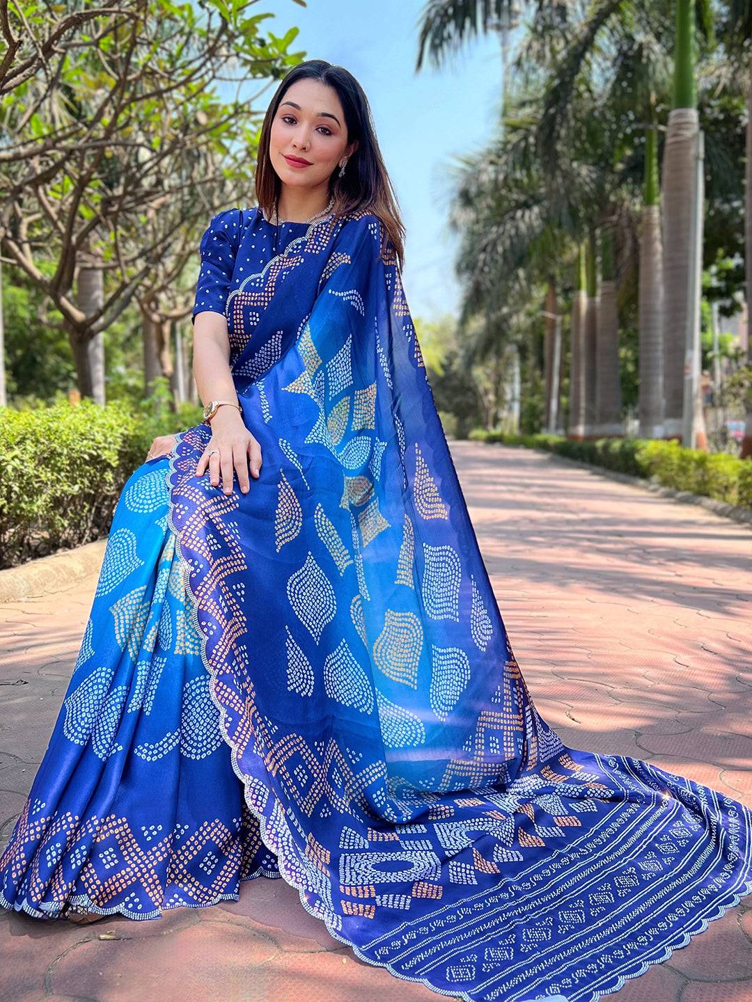 Blue Georgette Silk Saree with Ombre Bandhej Print & Swaroski Stone Work