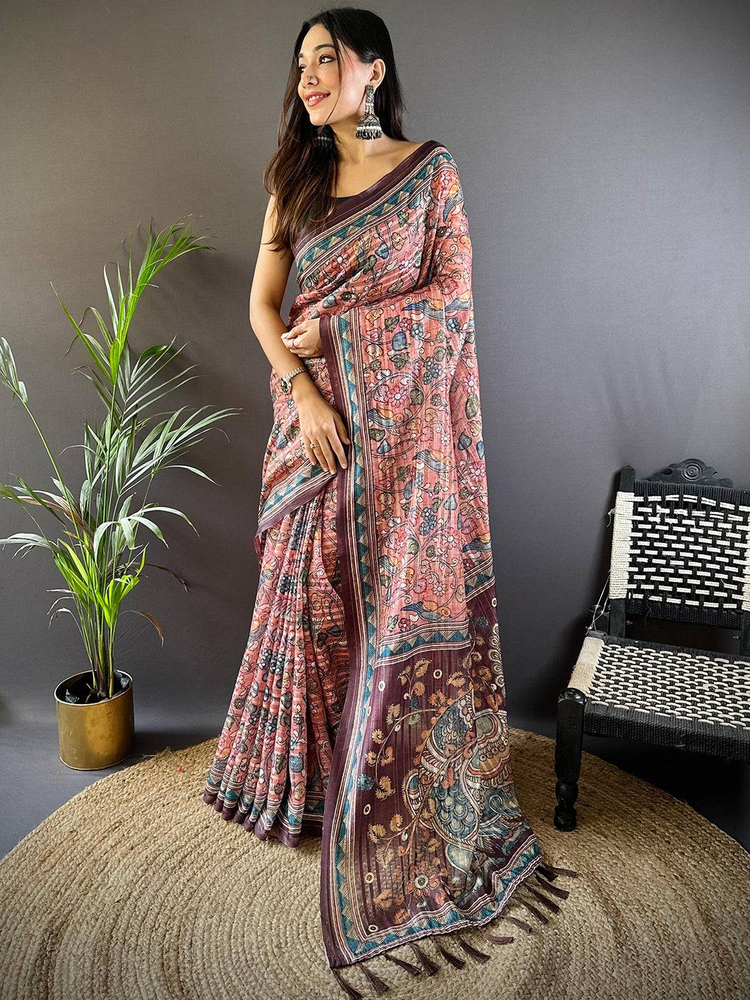 Rust Kalamkari Stripes Chanderi Saree by My Store