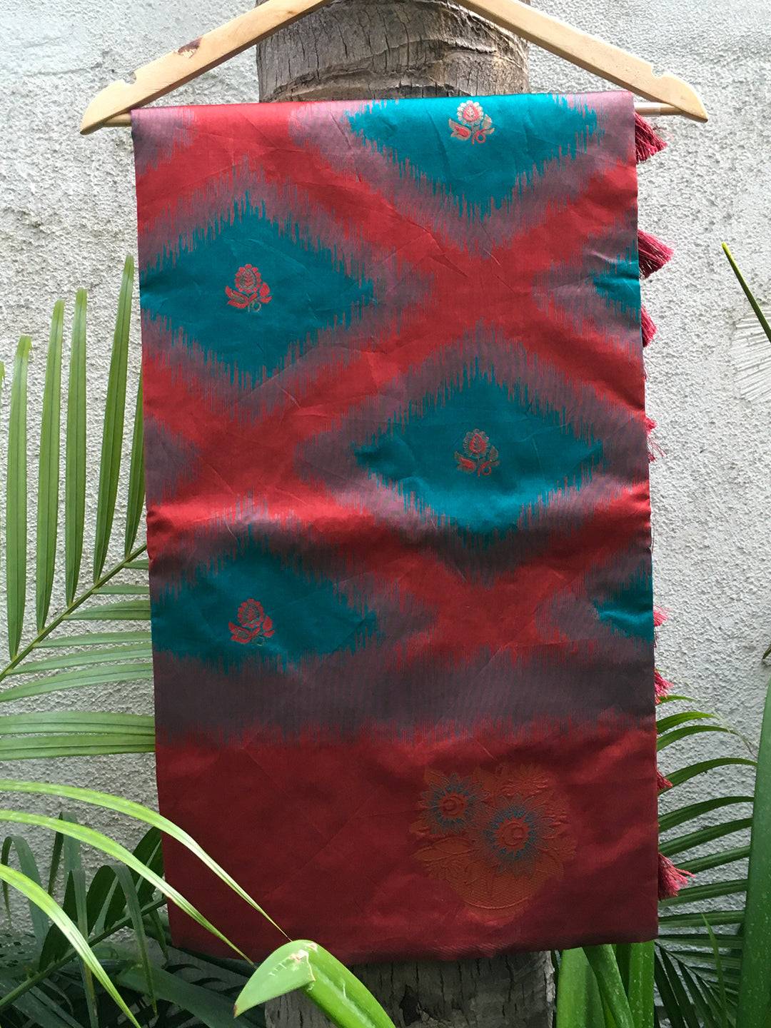 Teal Tussar Silk Ikkat Weaving Saree