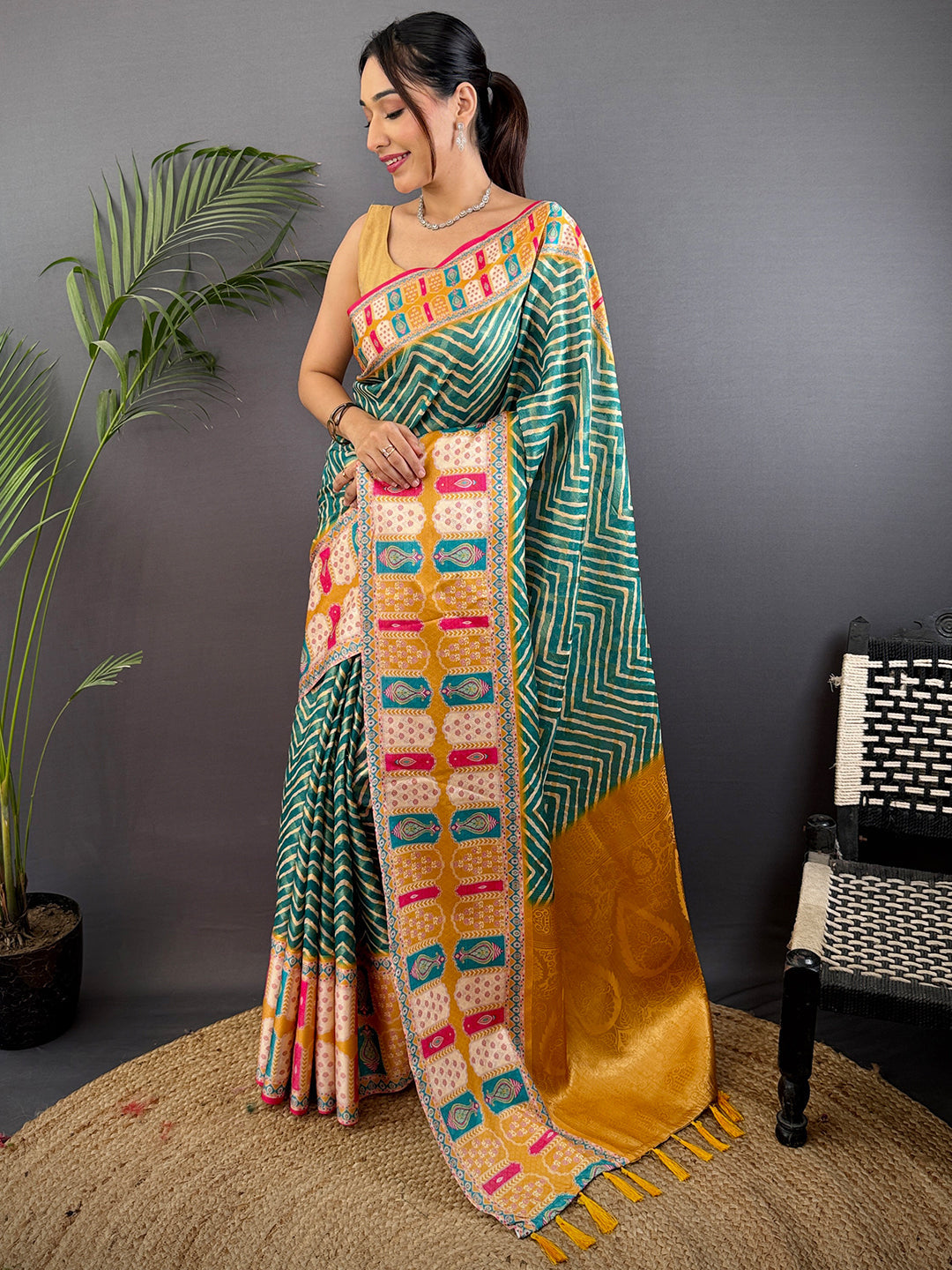 Teal Green Madhubani Print Soft Silk Saree by My Store