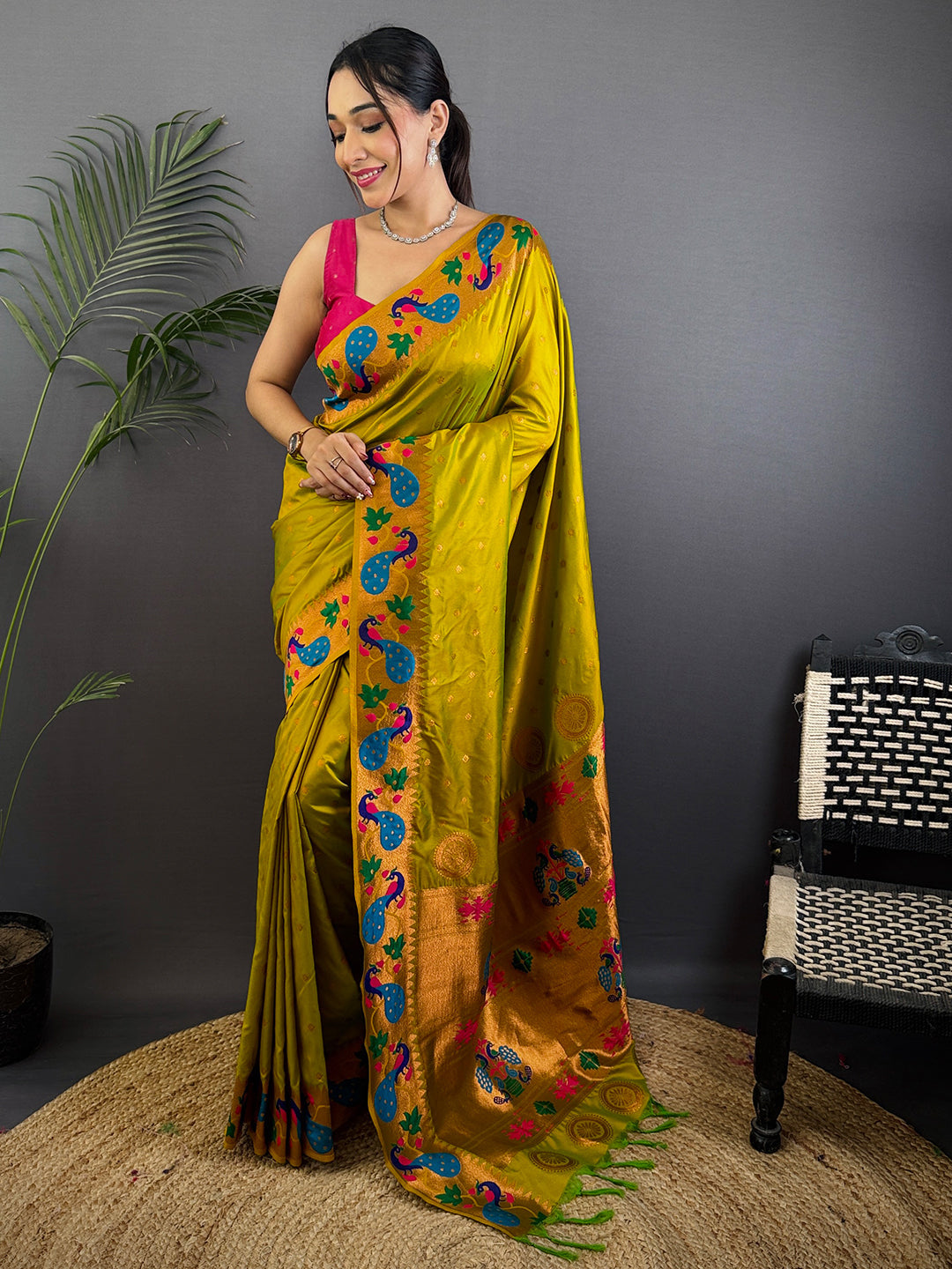 Mustard Yeola Paithani Soft Silk Saree by My Store