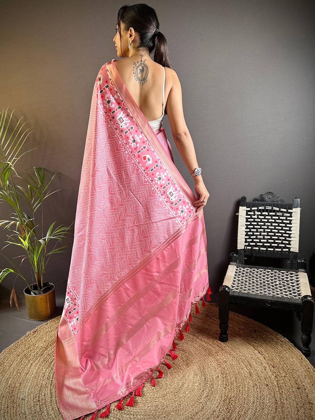 Rose Pink Zig Zag Kalamkari Kanchi Silk Saree by My Store