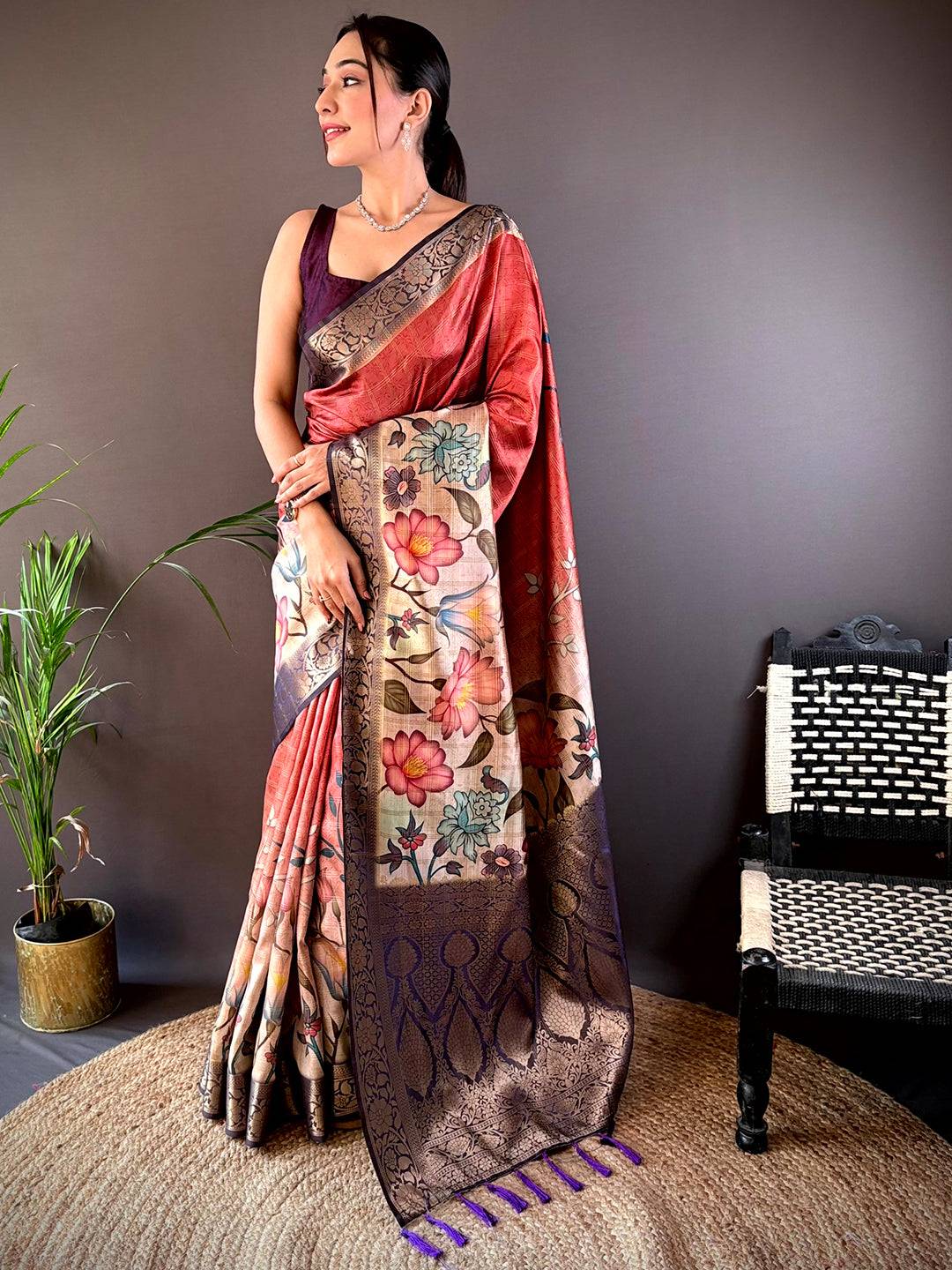 Red Ombre Floral Digital Print Saree by My Store