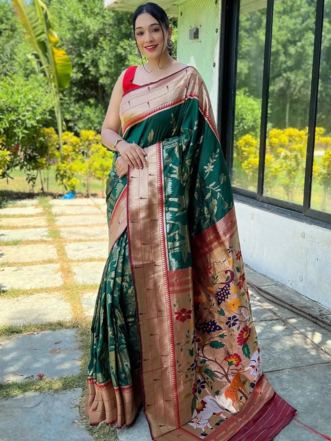 Dark Green Colour Paithani Silk Pichwai Woven Saree by My Store