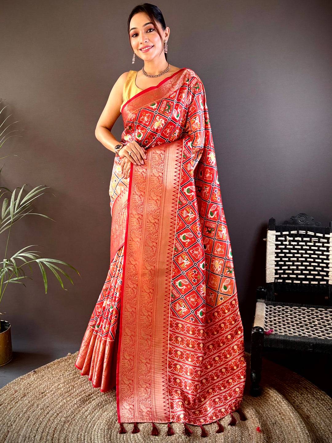 Ombre Red Soft Silk Patola Print Saree by My Store