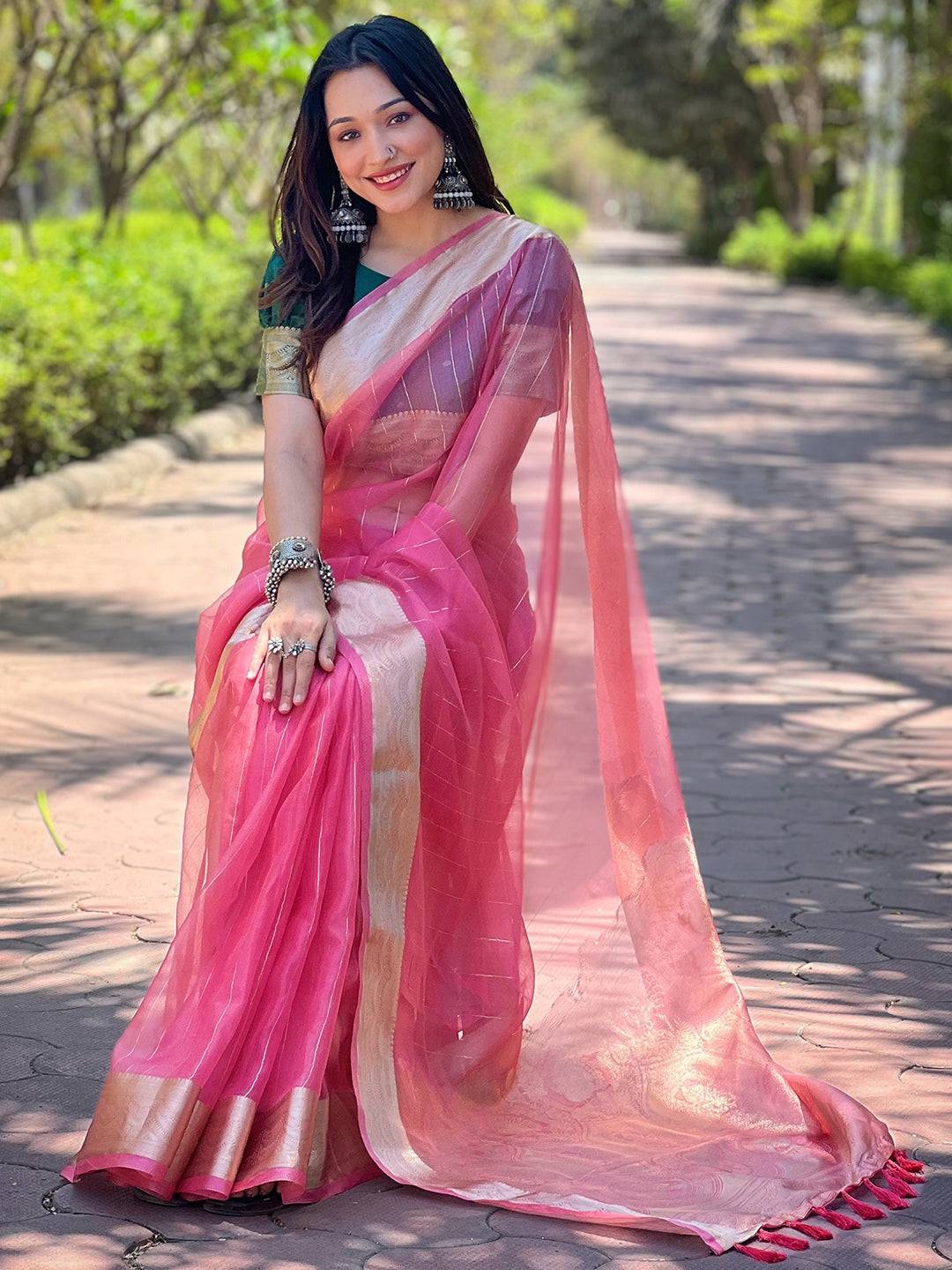 Dark Pink Pure Viscose Organza Saree With Fine Gold Zari Weaving Border by My Store