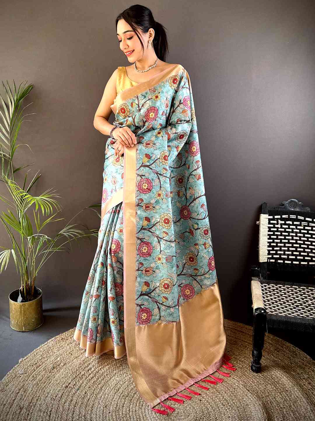 Sky Blue Soft Silk Tissue Floral Print Saree by My Store