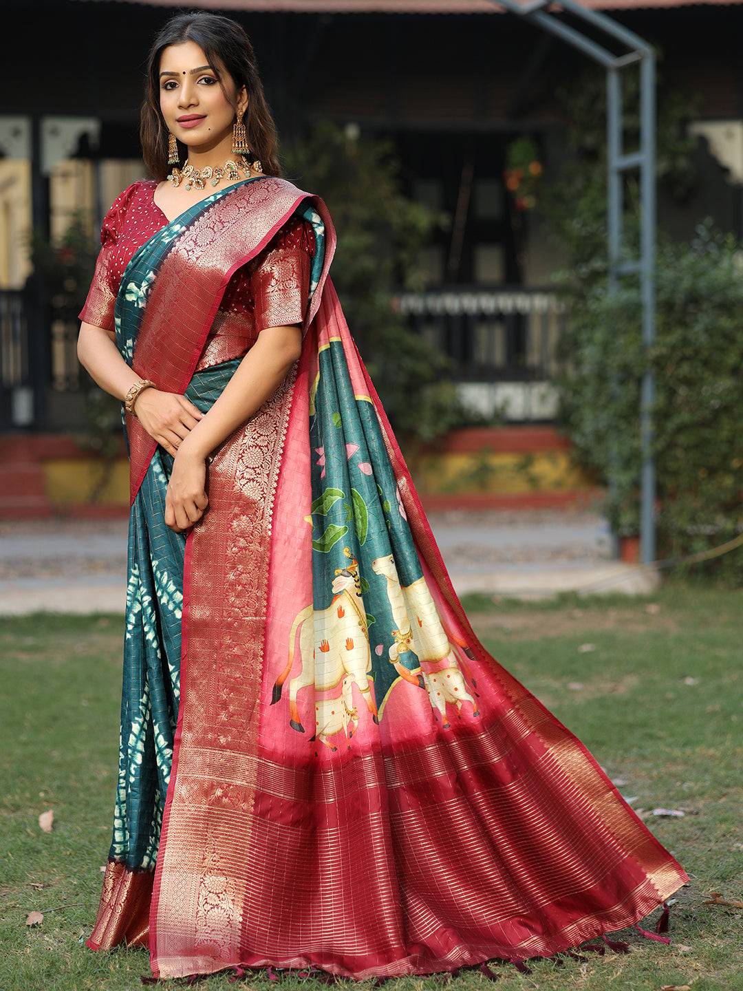Teal Colour Pure Viscose Dola Silk Saree With Mughal Motifs - Luxe by My Store