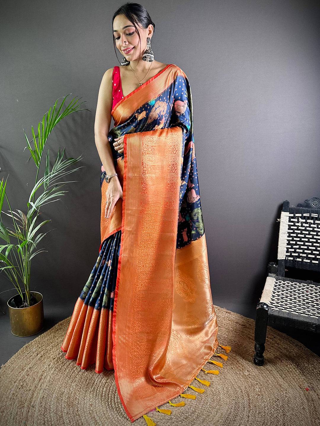 Navy Satin Pichwai Print Saree by My Store