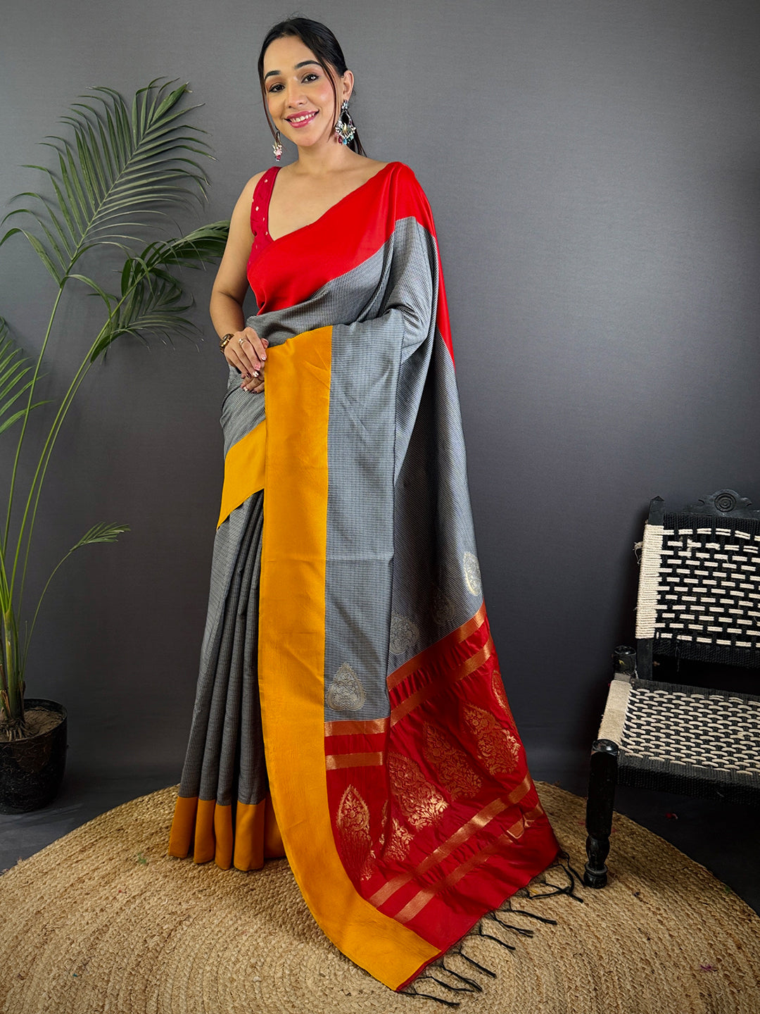 Grey Soft Katan Silk Banarasi Saree by My Store