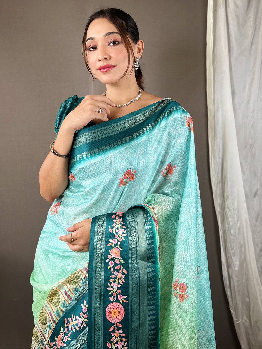 Poppy Blue Kota Satin Border Saree by My Store