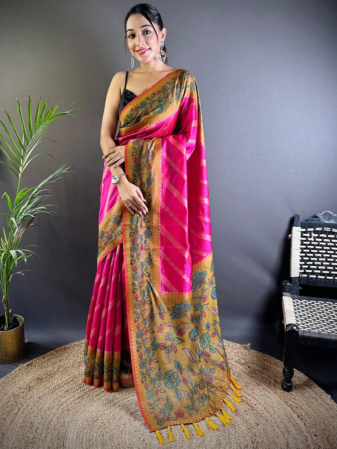 Pink Gold Zari And Kalamkari Print Saree by My Store