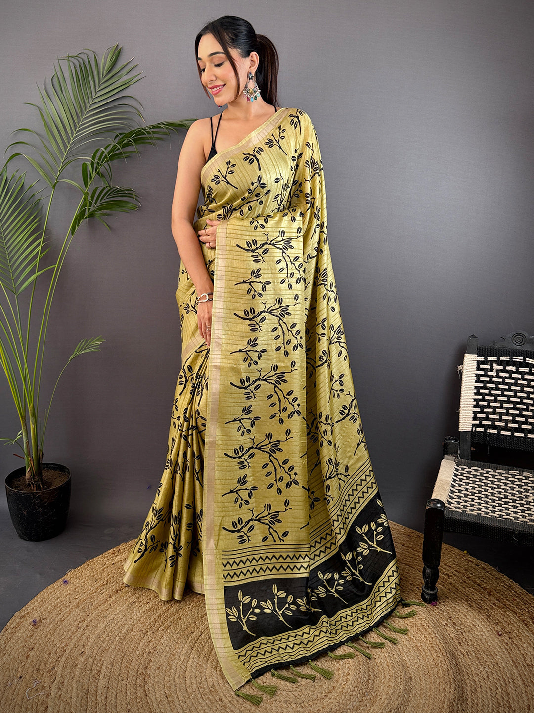 Mustard Yellow Ghicha Leaf Print Saree by My Store