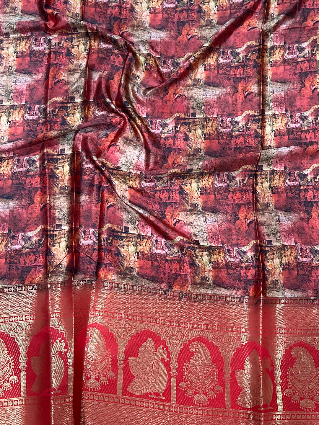 Heritage Soft Cherry Satin Kalamkari Print Saree by My Store