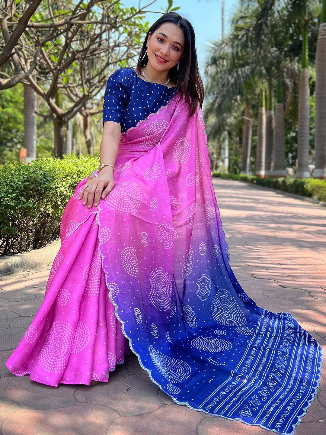 Pink Georgette Silk Saree with Ombre Bandhej Print & Swaroski Stone Work by My Store