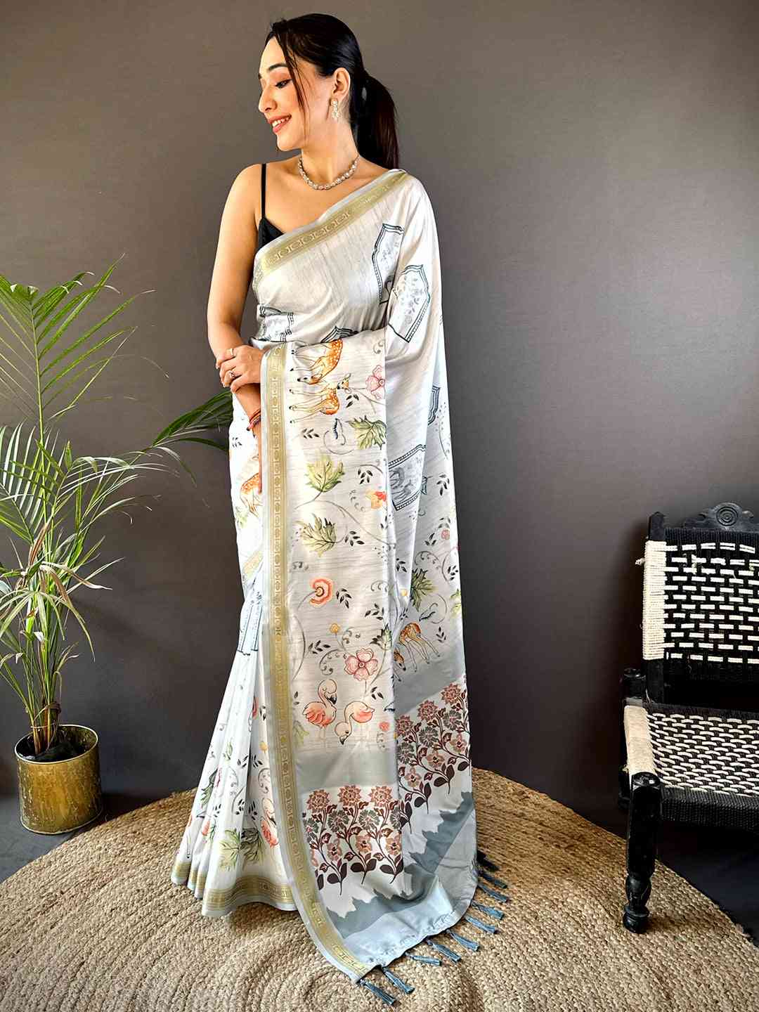 Hippie Blue Forest Phulkari Kalamkari Print Saree by My Store