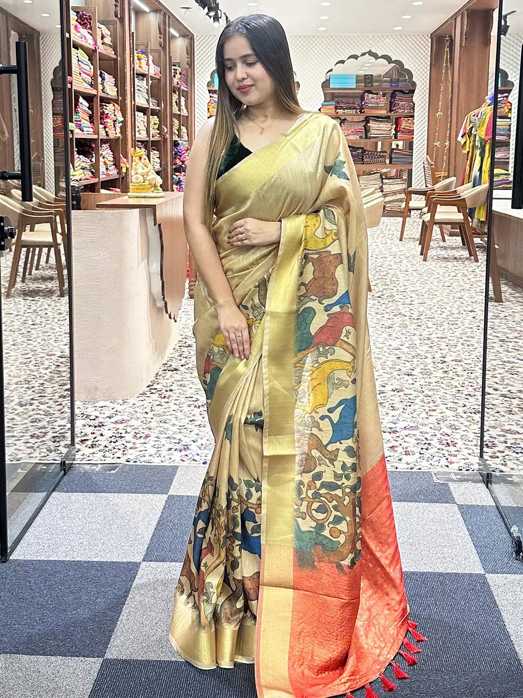 Incredible Pen Kalamkari Linen Tissue Soft Saree by My Store