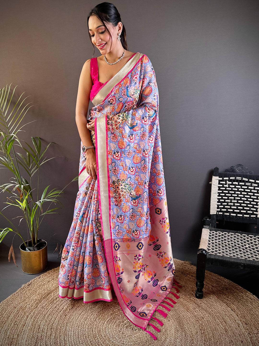 Lavender Blossom Phulkari Silk Saree by My Store