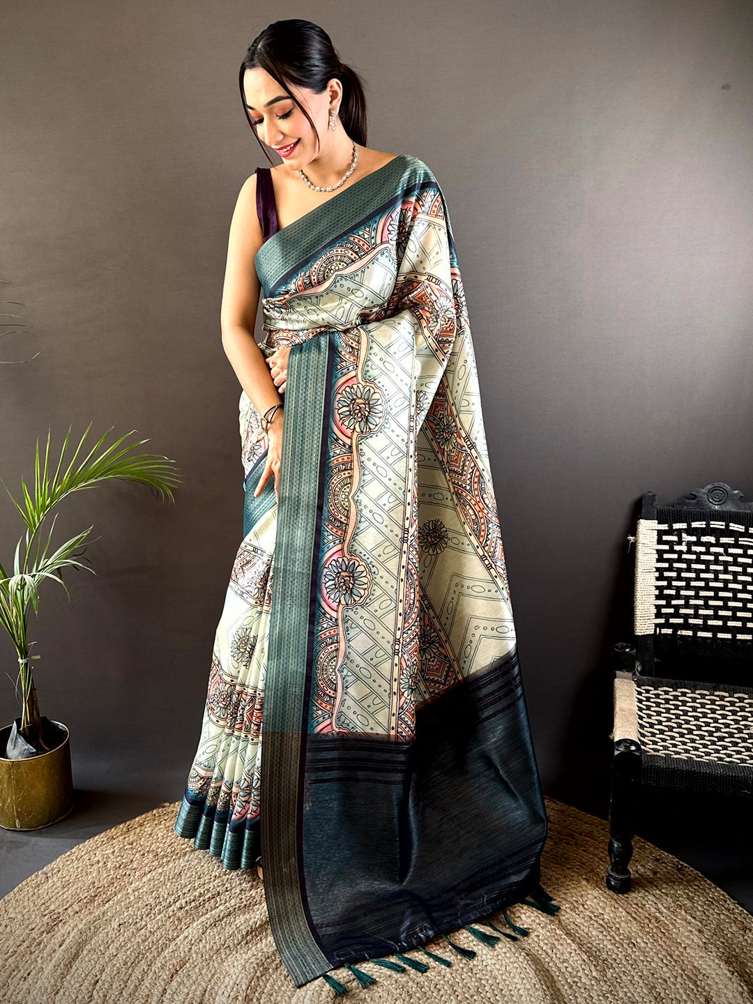 Off White Digital Kalamkari Printed Tussar Silk Saree by My Store