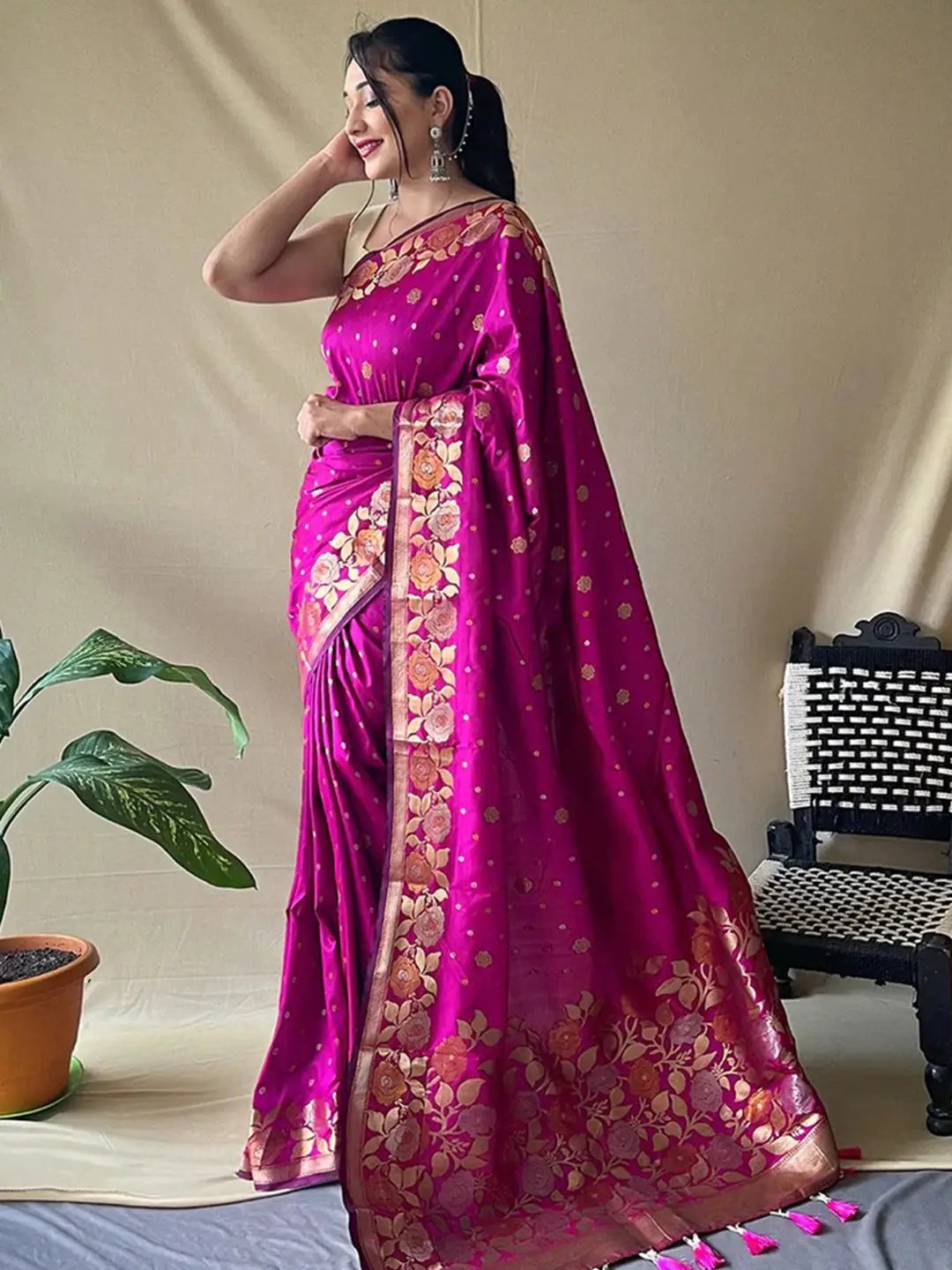 Pink Colour Banarasi Silk Zari Woven Saree by My Store