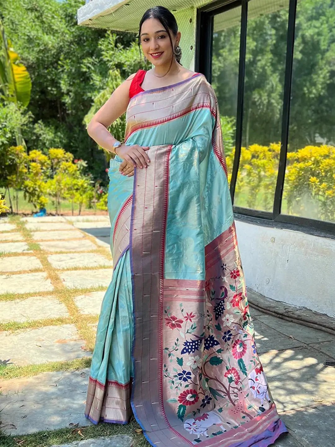 Sky Blue Paithani Silk Pichwai Woven Saree by My Store