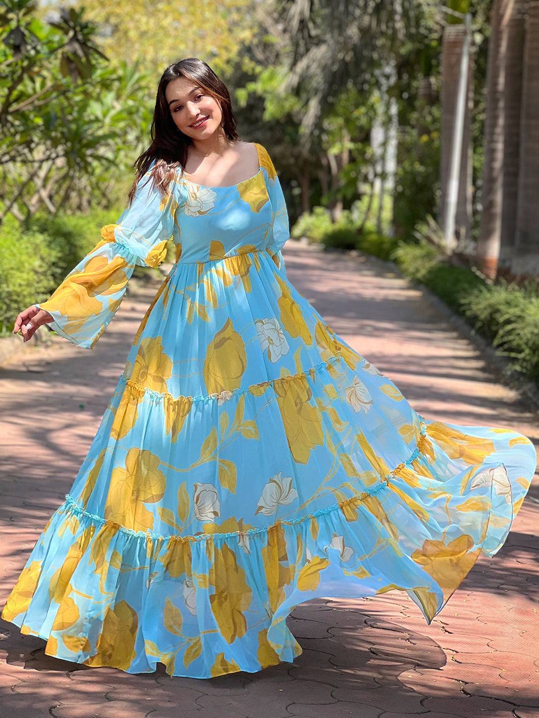 Sky Blue Floral Print Dress by My Store