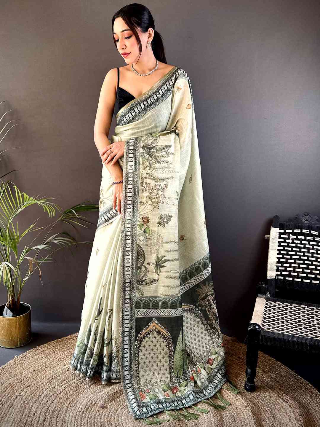 Mint Green Tissue Floral Leaf Print Saree by My Store