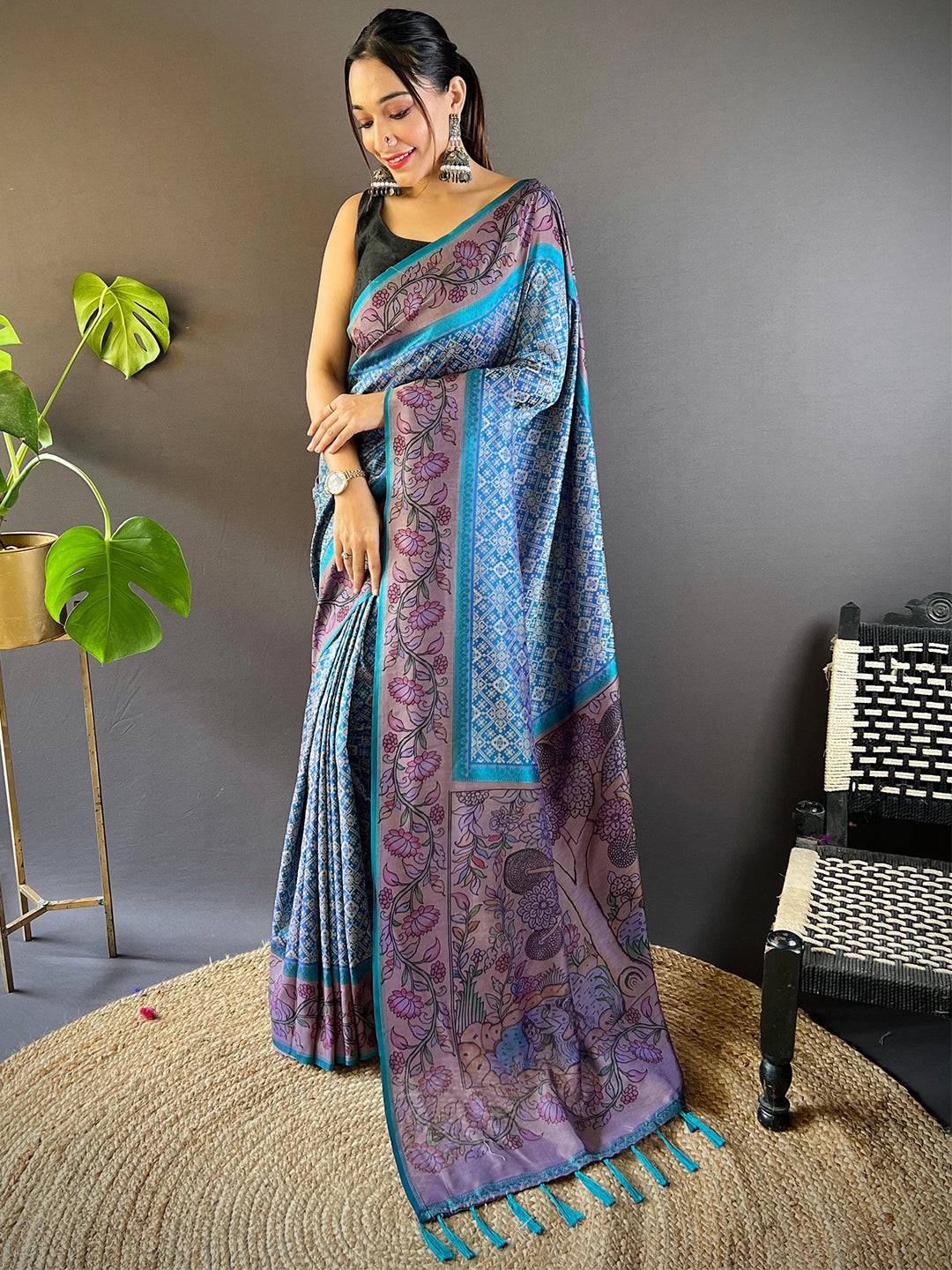 Tufts Blue Patola And Kalamkari Fusion Saree