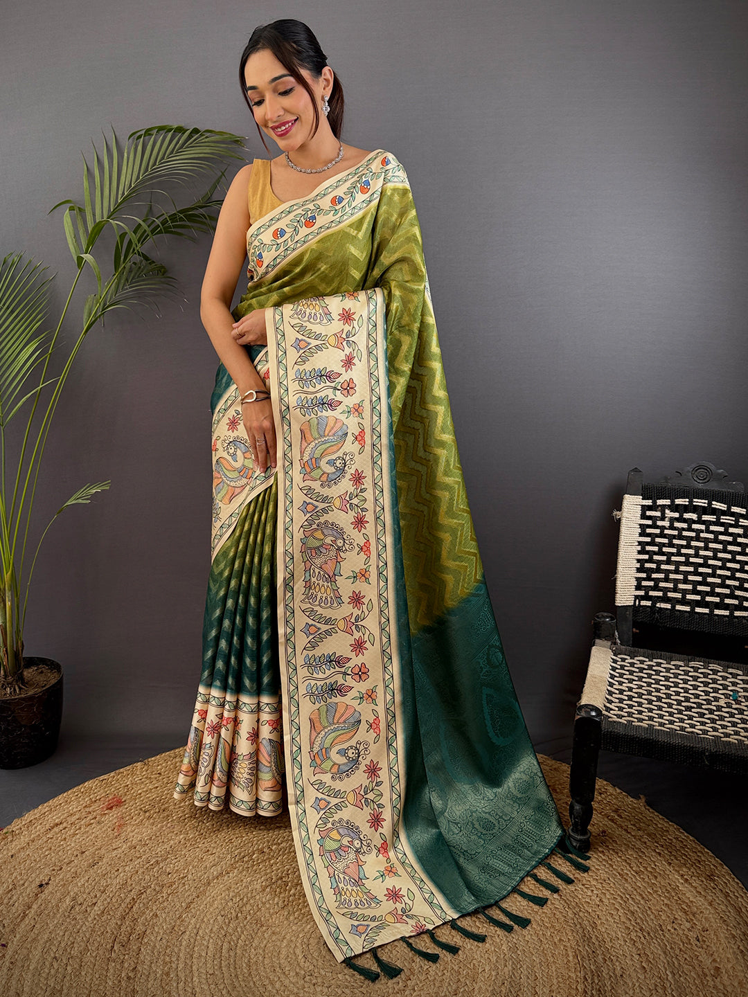 Olive Madhubani Print Soft Silk Saree by My Store