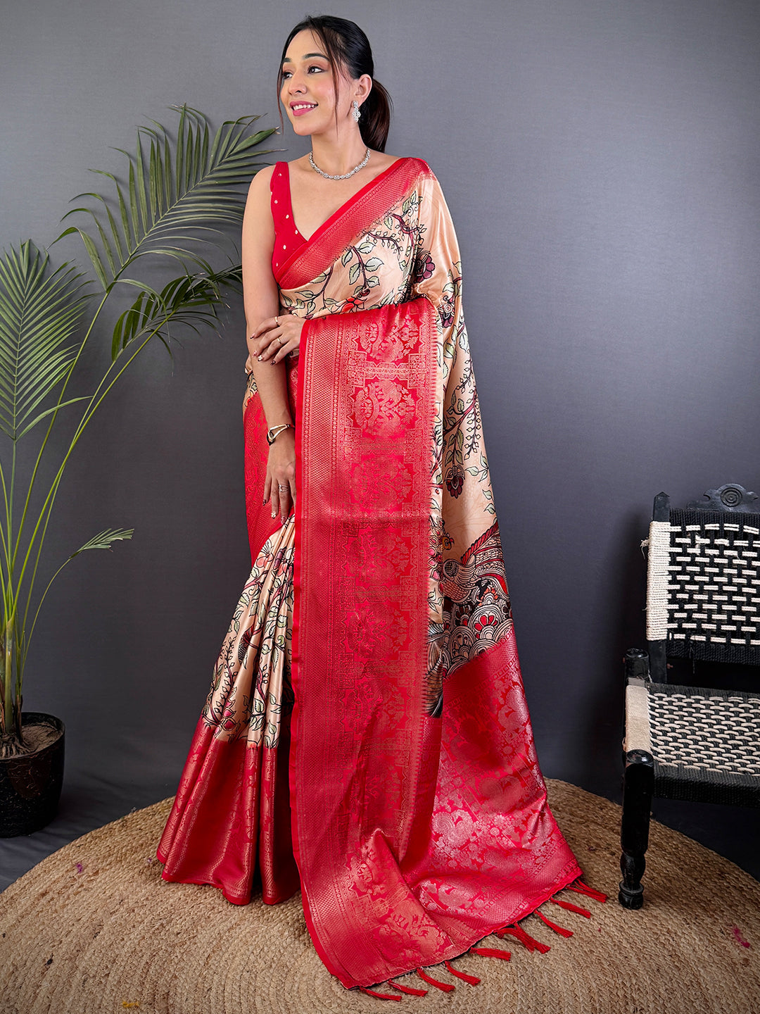 Peach Kalamkari Printed Soft Satin Saree by My Store