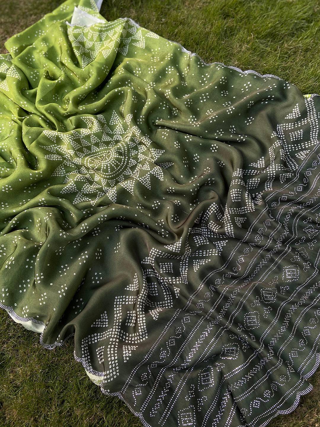 Green Georgette Silk Saree with Ombre Bandhej Print & Swaroski Stone Work by My Store