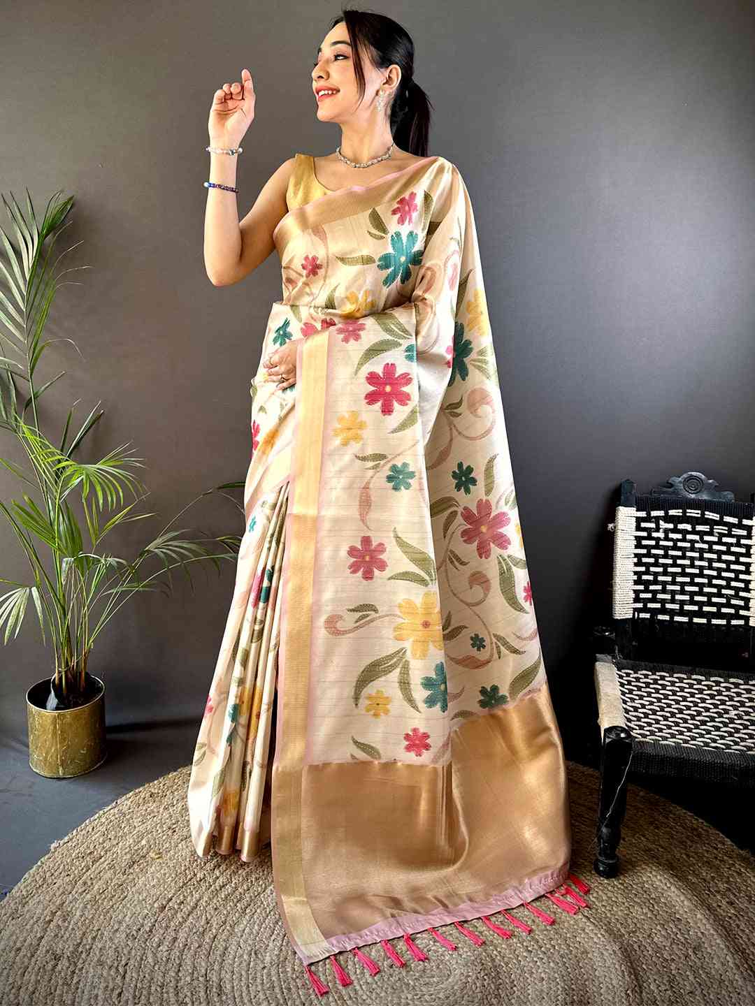 Light Cream Soft Silk Tissue Floral Print Saree by My Store