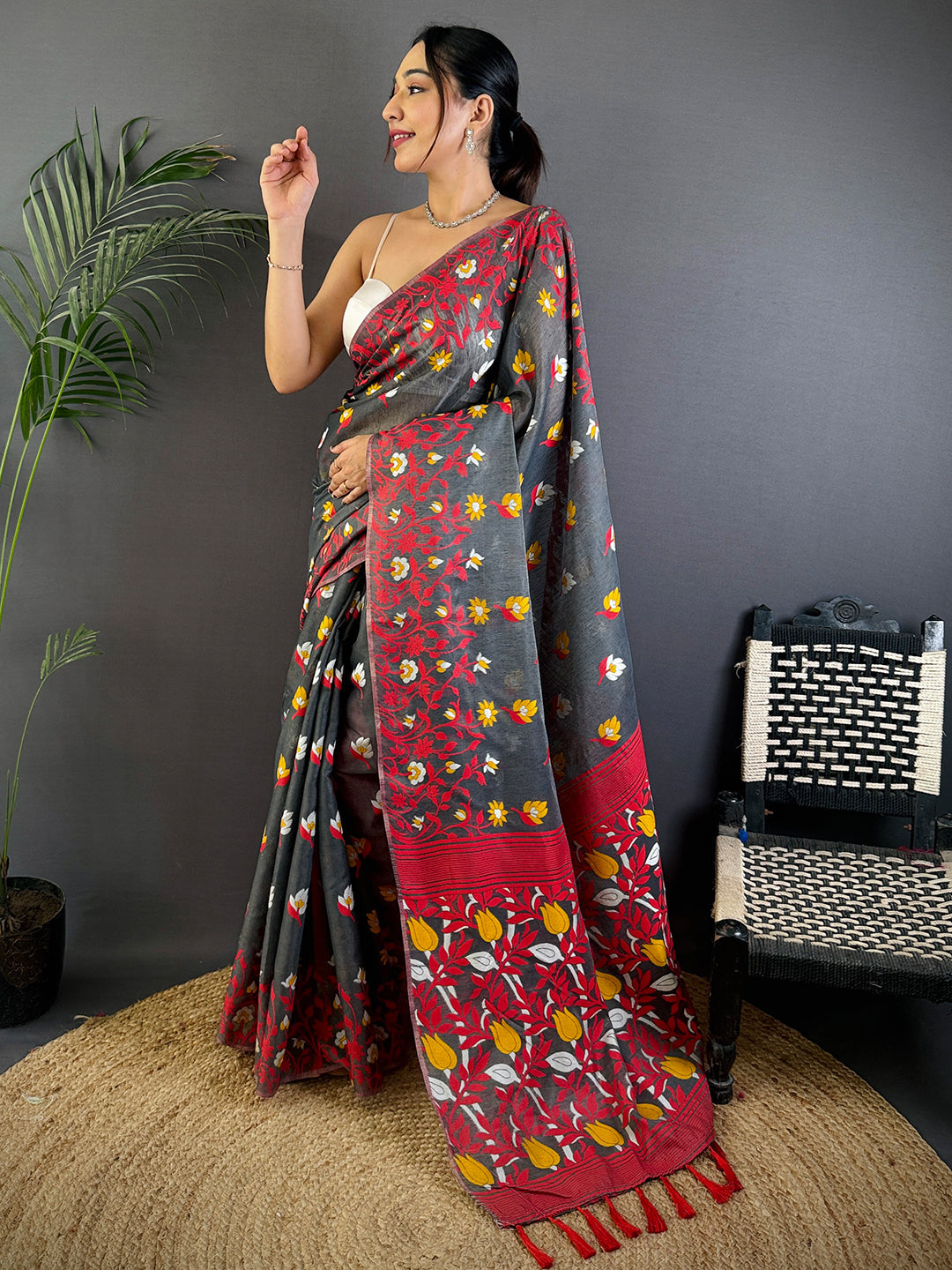 Royal Grey Dhakai Cotton Silk Saree by My Store
