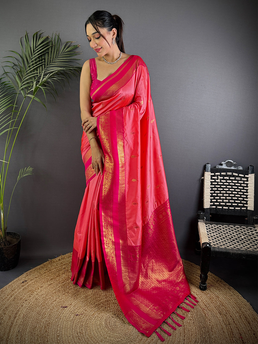 Rose Pink Satin Bentex Soft Silk Saree by My Store