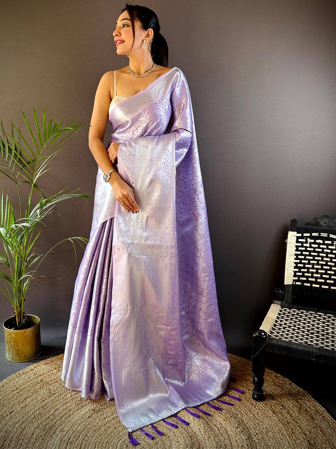 Lavender Banarasi Kanjivaram Silk Saree by My Store