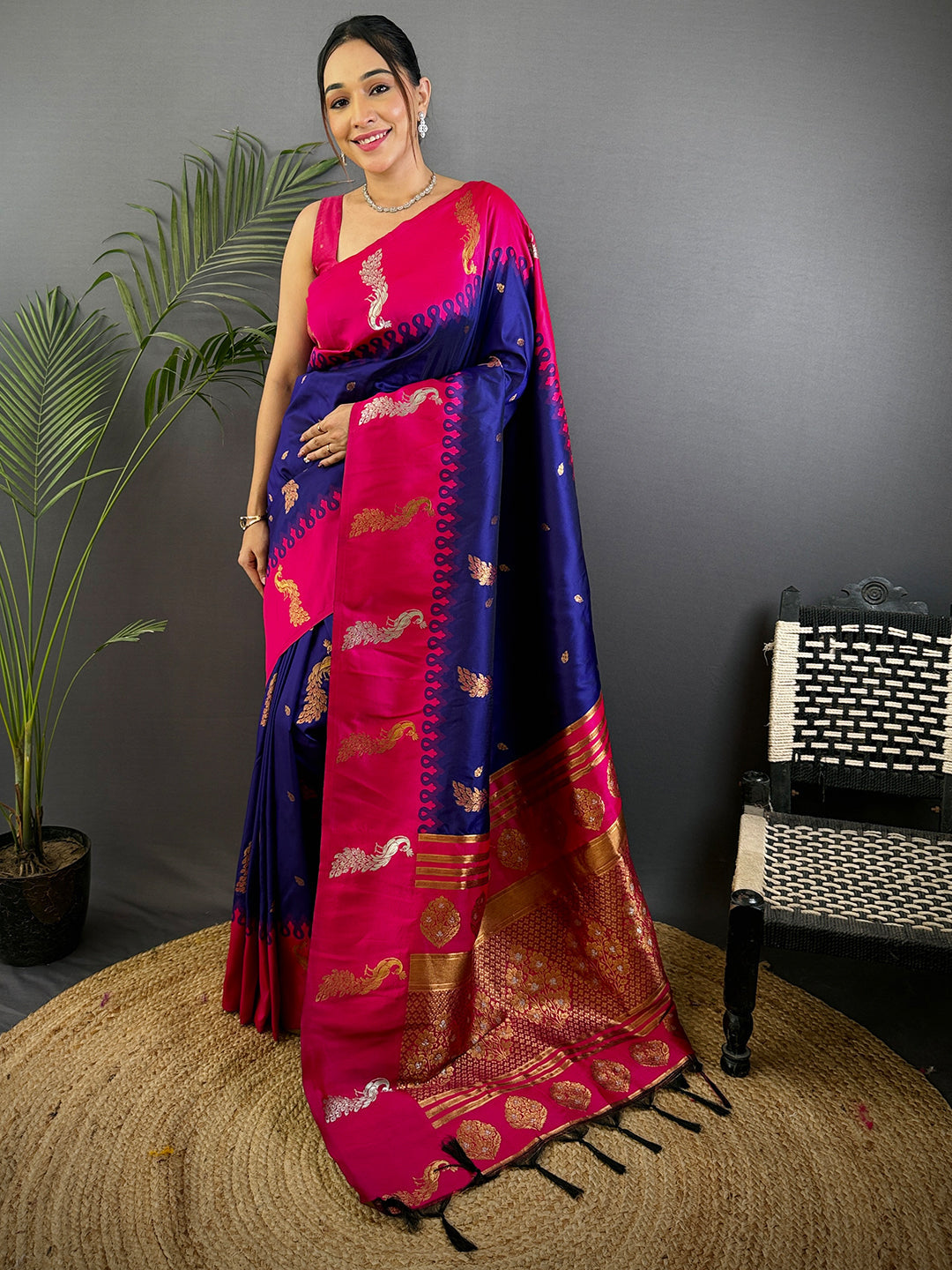 Purple Gold Zari Peacock Butta Soft Silk Saree by My Store