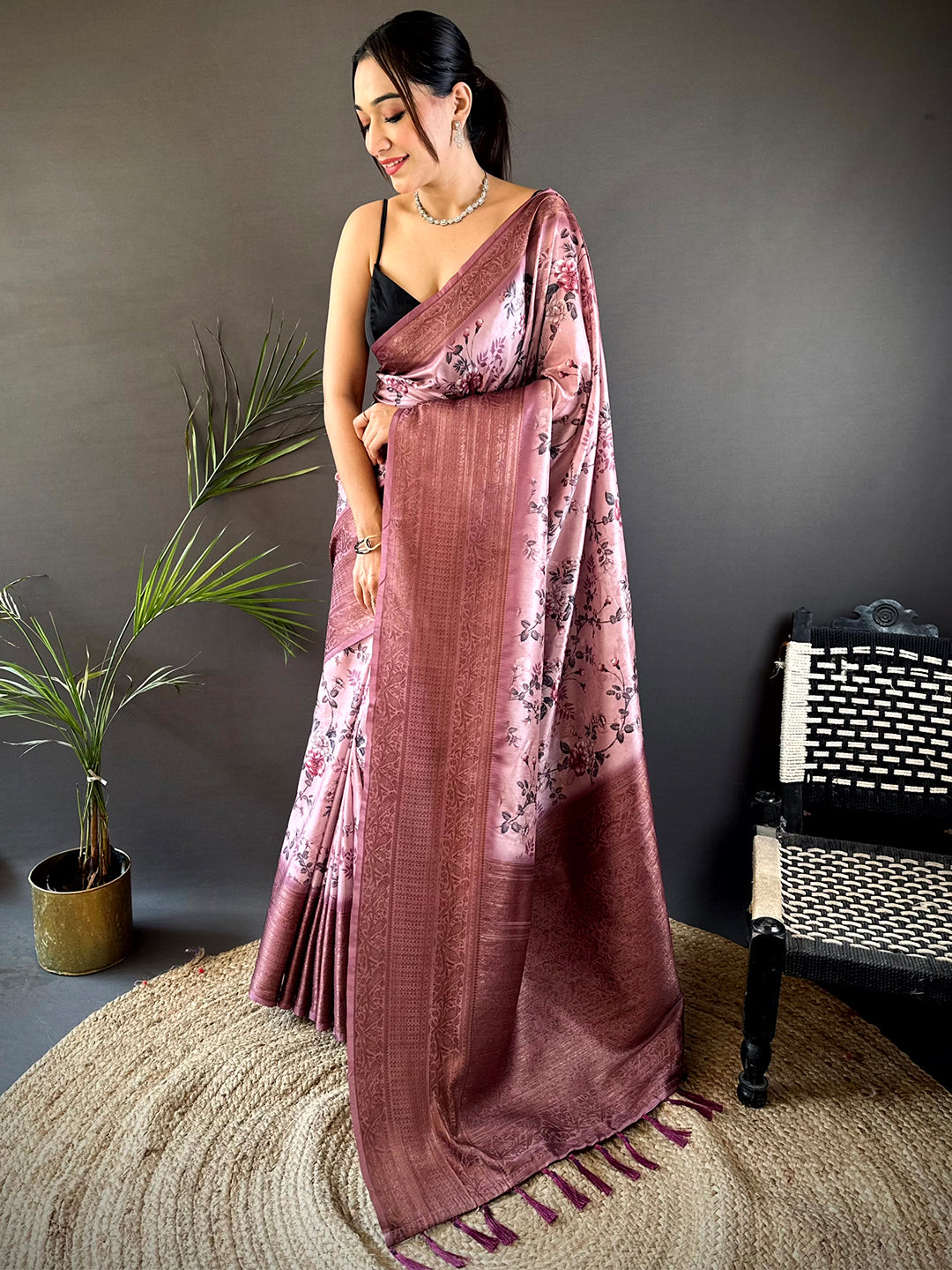 Graceful Black Aura Silk Floral Print Saree by My Store